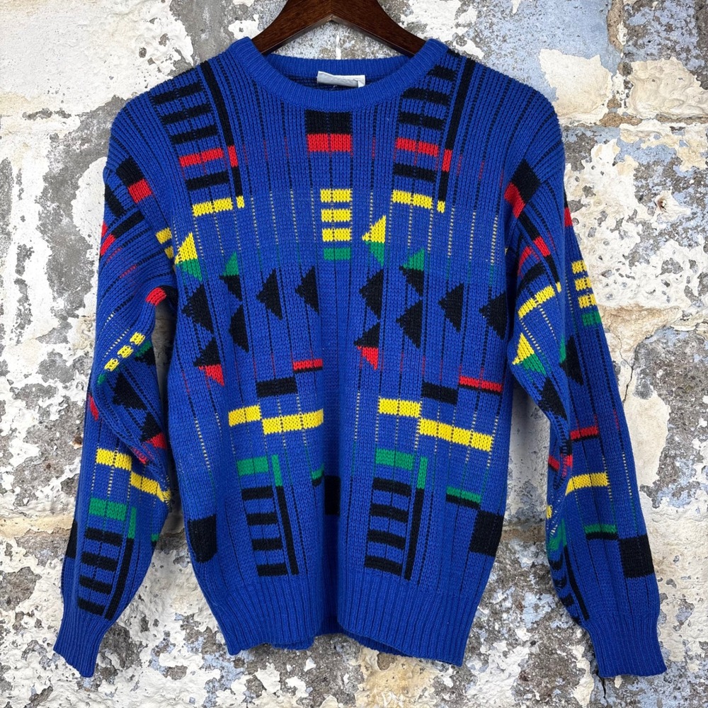 Tomorrows Generation Sweater XS Blue Abstract Geometric Vintage Knit Cosby Retro